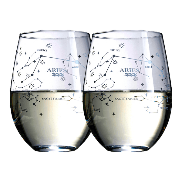 Set of 2 Zodiac Sign Wine Glasses with 2 Wooden Coasters by The Wine Savant - Astrology Drinking Glass Set with Etched Constellation Tumblers for Juice, Water Home Bar Horoscope Gifts 18oz (Aries)