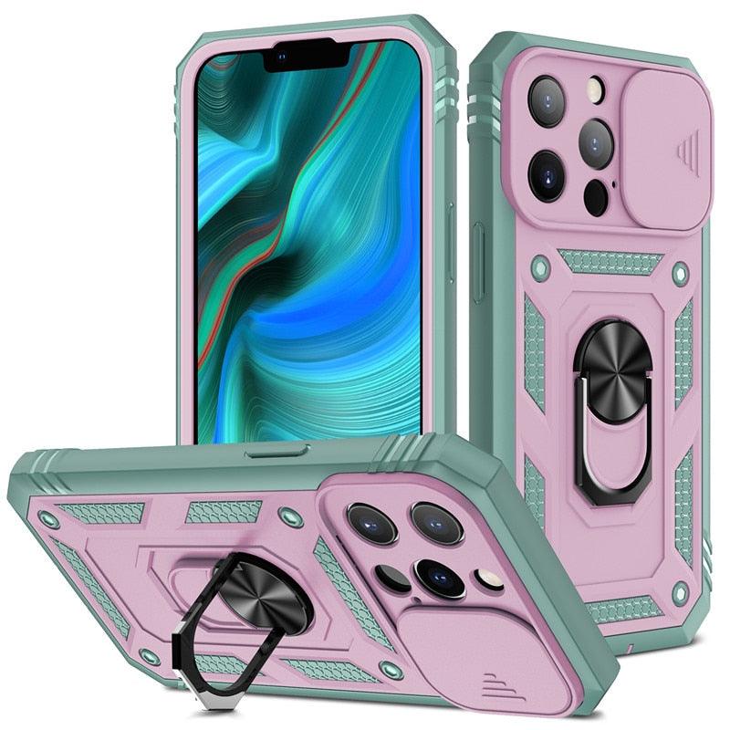 Armor Shockproof Phone Case For iPhone 13 12 11 Pro Max X XR XS Max 11 13 Pro Magnetic Ring Stand Holder Back Cover Slide Camera Cover & Kickstand Built-in 360° Rotate Ring Stand Magnetic Cover Case