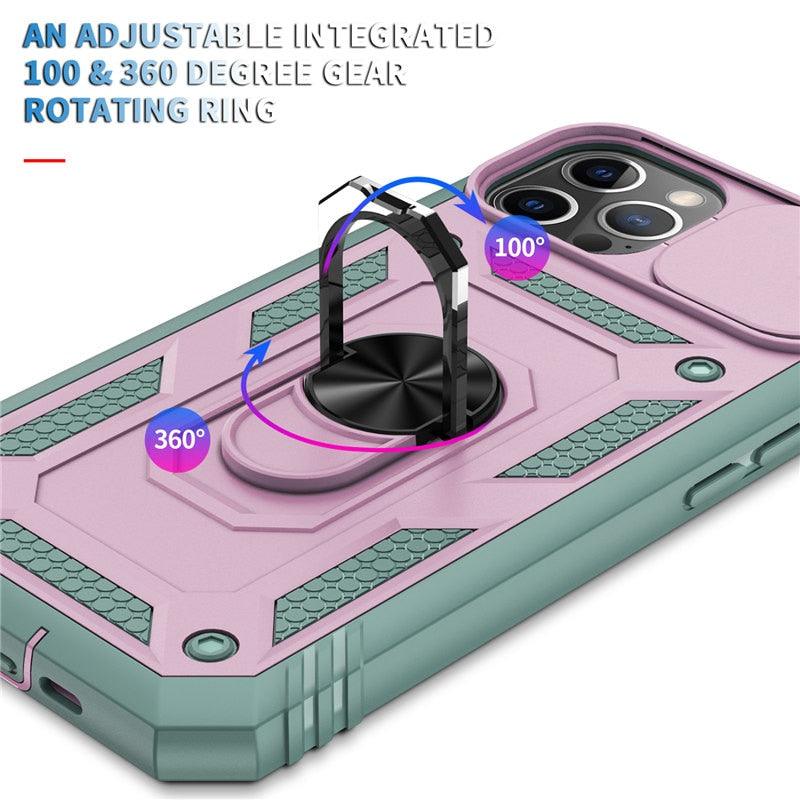 Armor Shockproof Phone Case For iPhone 13 12 11 Pro Max X XR XS Max 11 13 Pro Magnetic Ring Stand Holder Back Cover Slide Camera Cover & Kickstand Built-in 360° Rotate Ring Stand Magnetic Cover Case