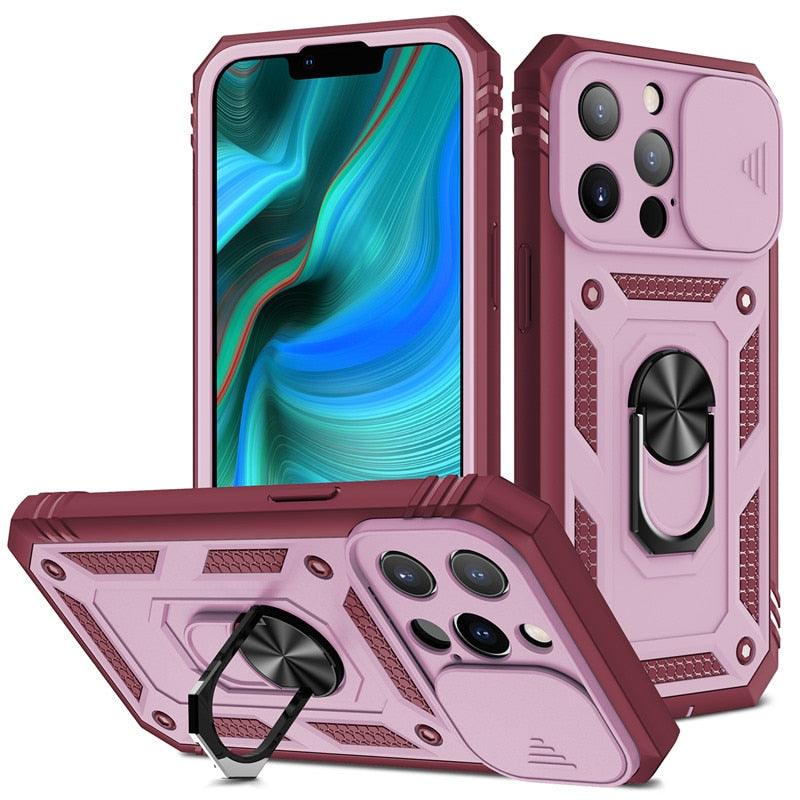 Armor Shockproof Phone Case For iPhone 13 12 11 Pro Max X XR XS Max 11 13 Pro Magnetic Ring Stand Holder Back Cover Slide Camera Cover & Kickstand Built-in 360° Rotate Ring Stand Magnetic Cover Case