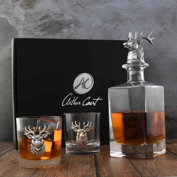 Elk / Deer Bust Decanter Set with Glasses Arthur Court Designs
