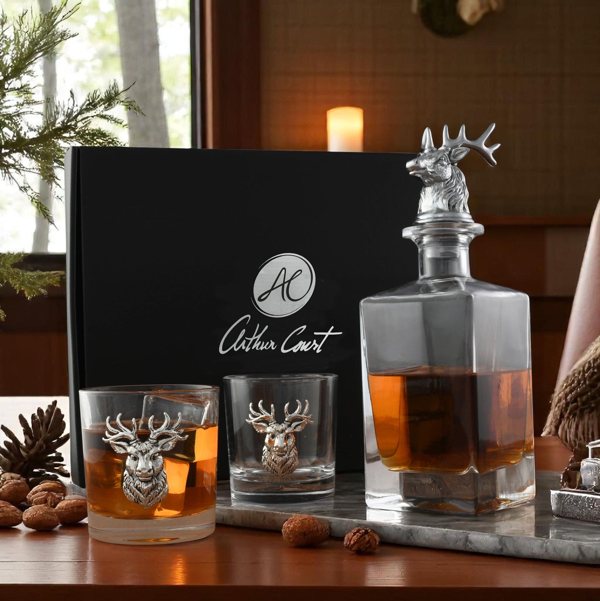 Elk / Deer Bust Decanter Set with Glasses Arthur Court Designs