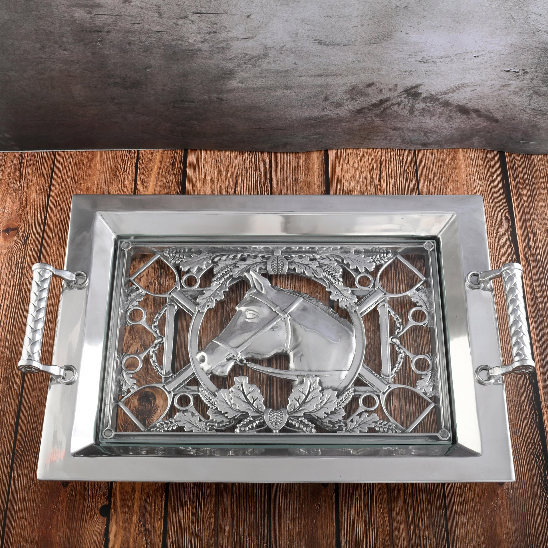 Equestrian Horse Glass Top Serving Tray Arthur Court Designs