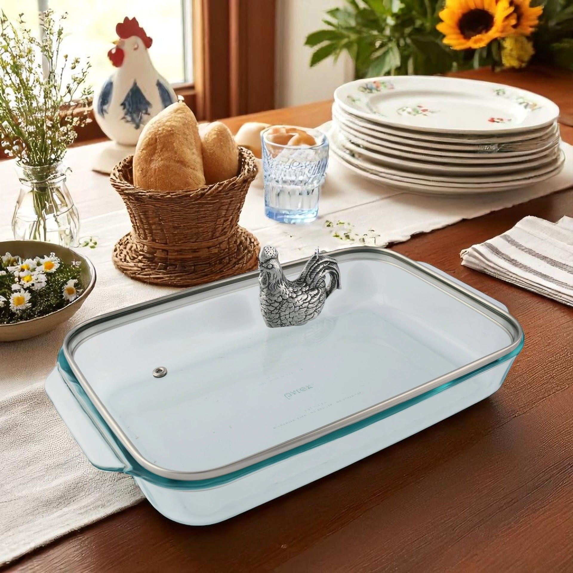 Rooster Lid with Pyrex 3 quart Baking Dish Arthur Court Designs