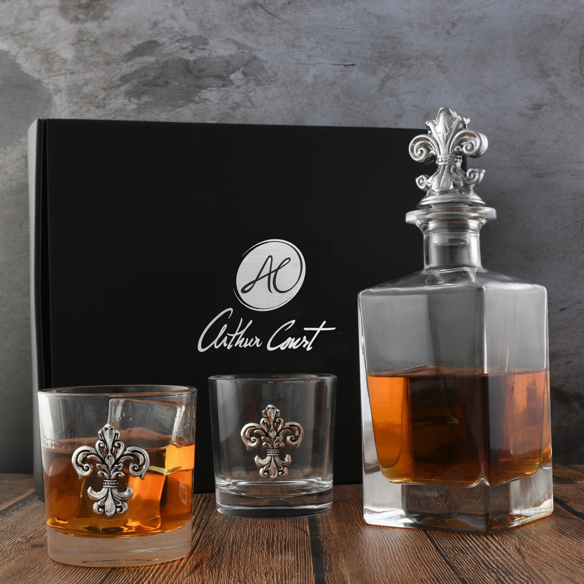 Fleur-de-lis Decanter Set with Glasses by Arthur Court Designs