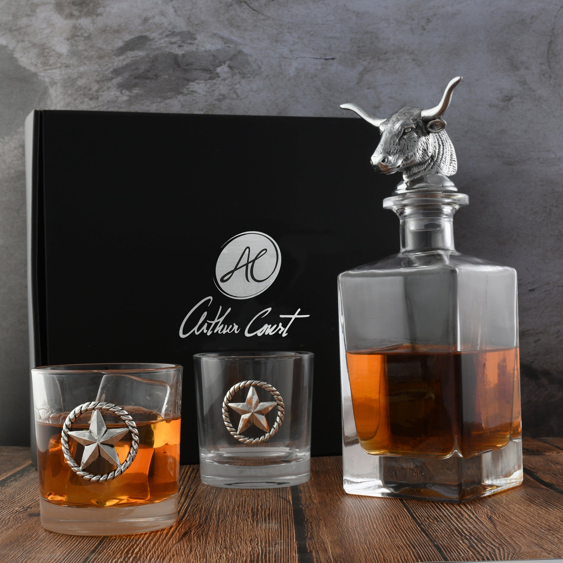 Longhorn Decanter Set with Pair of Glasses Arthur Court Designs