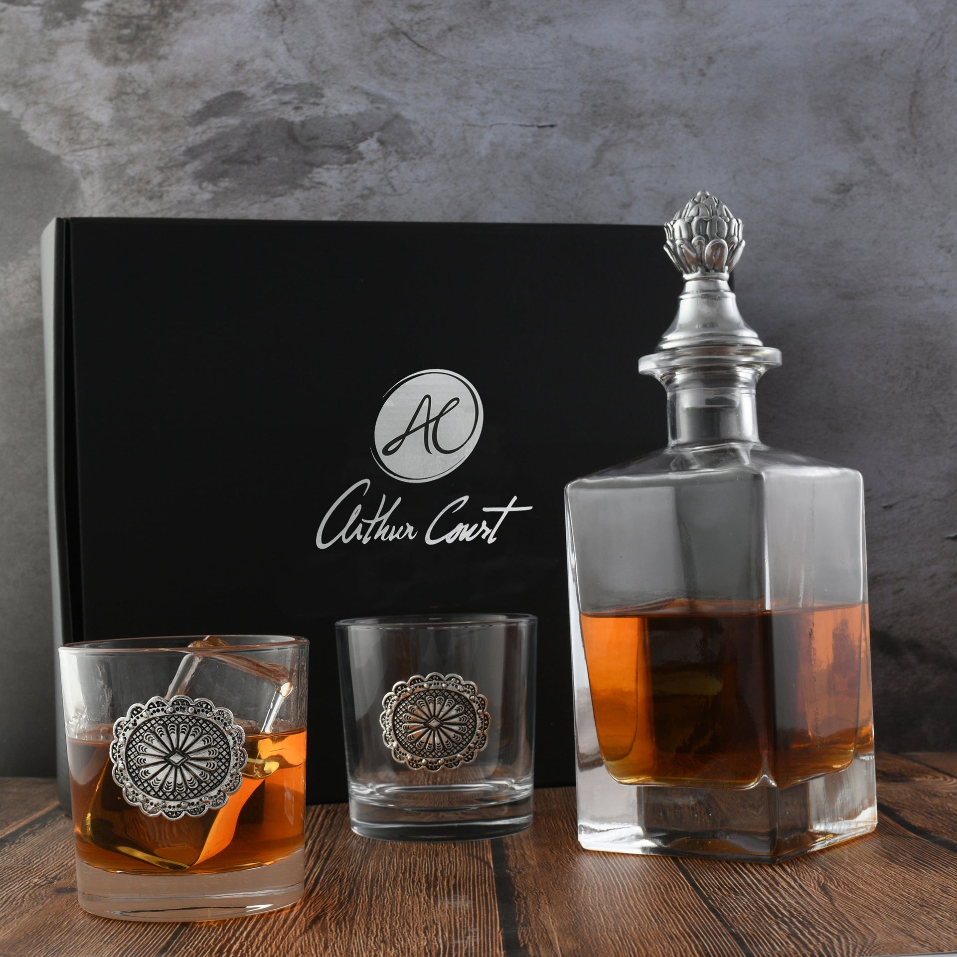 Western Concho Decanter Set with Glasses Arthur Court Designs