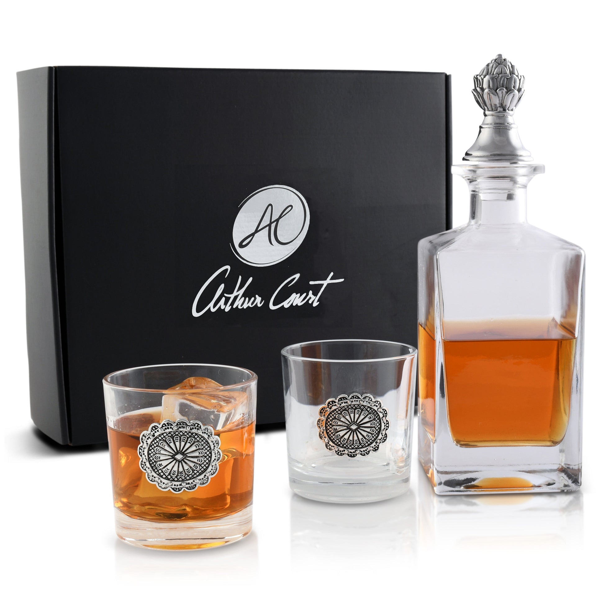 Western Concho Decanter Set with Glasses Arthur Court Designs