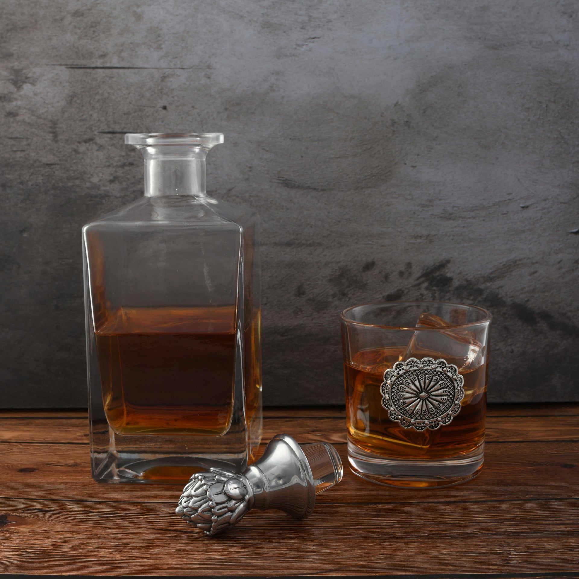 Western Concho Decanter Set with Glasses Arthur Court Designs