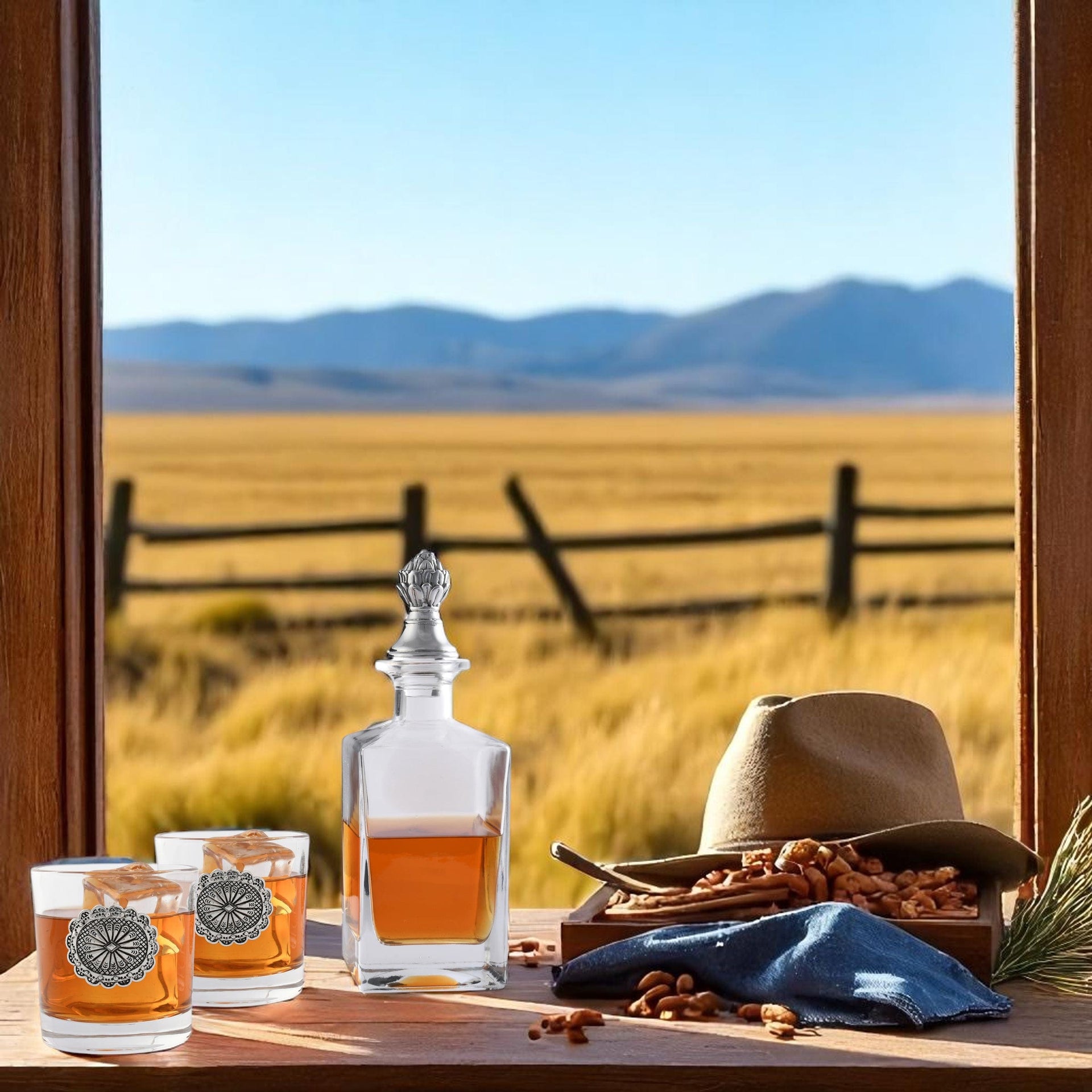 Western Concho Decanter Set with Glasses Arthur Court Designs