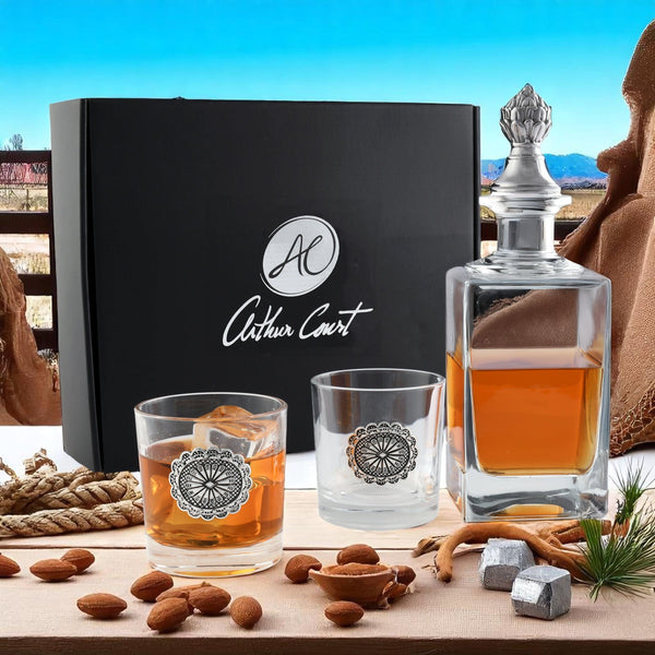 Western Concho Decanter Set with Glasses Arthur Court Designs