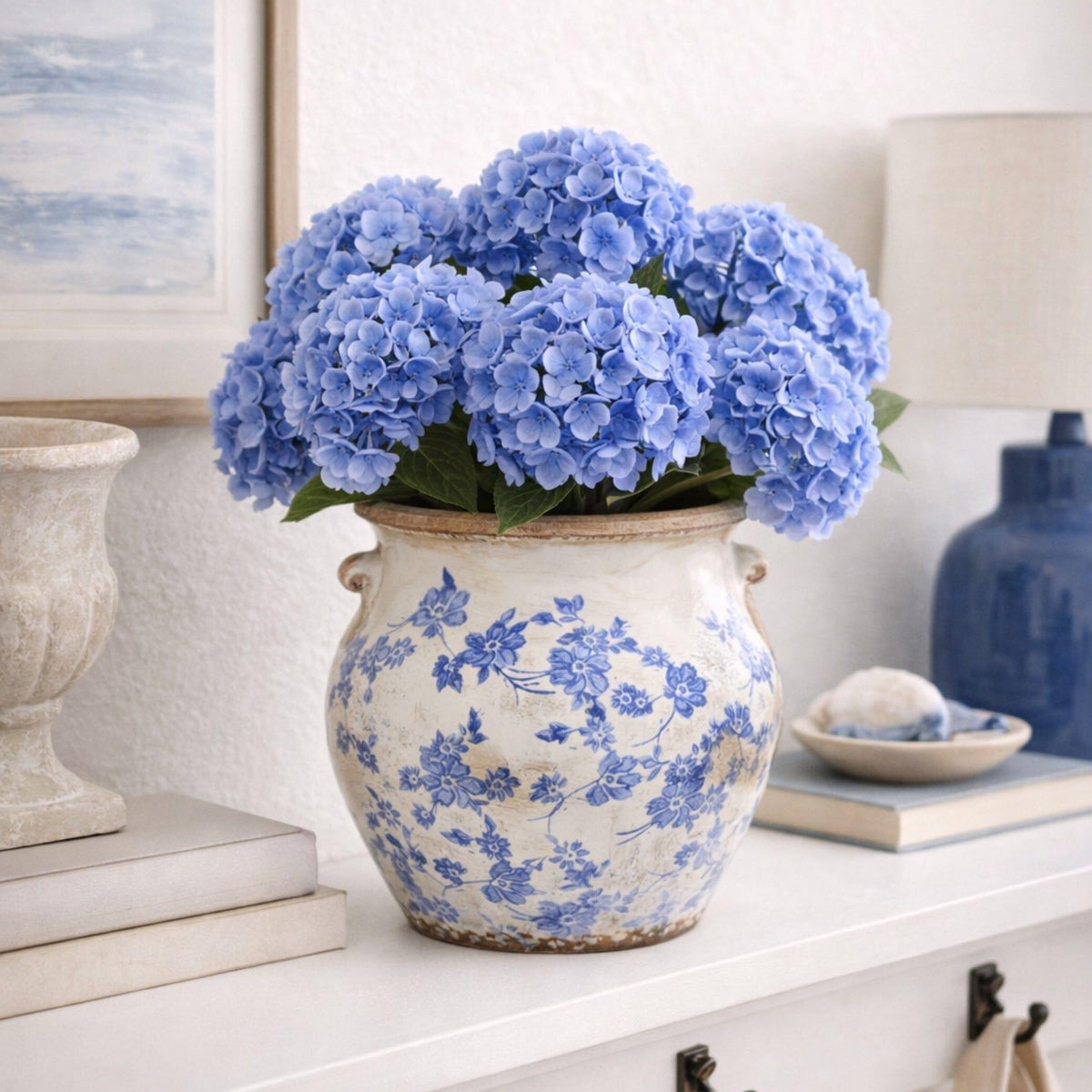 10.5” Tuscan Ceramic Blue Scroll Urn Vase