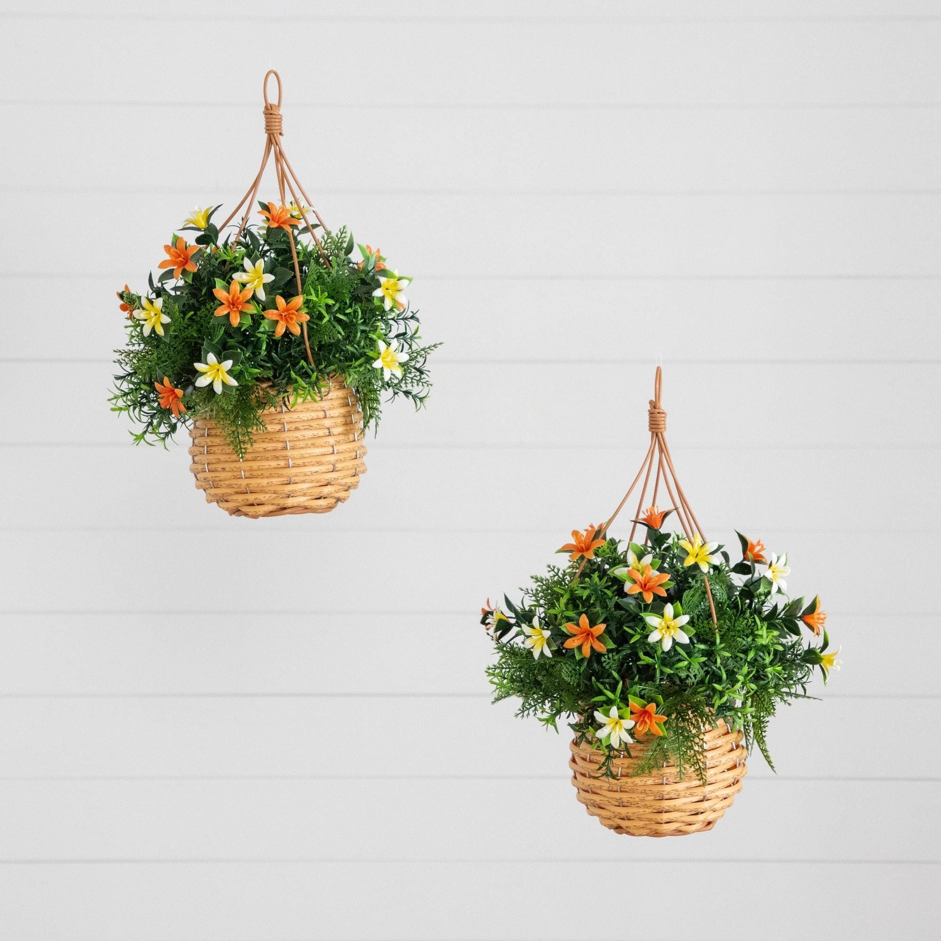 13” UV Resistant Artificial Lily and Mixed Greens in Woven Hanging Basket (Indoor/Outdoor) - Set of 2