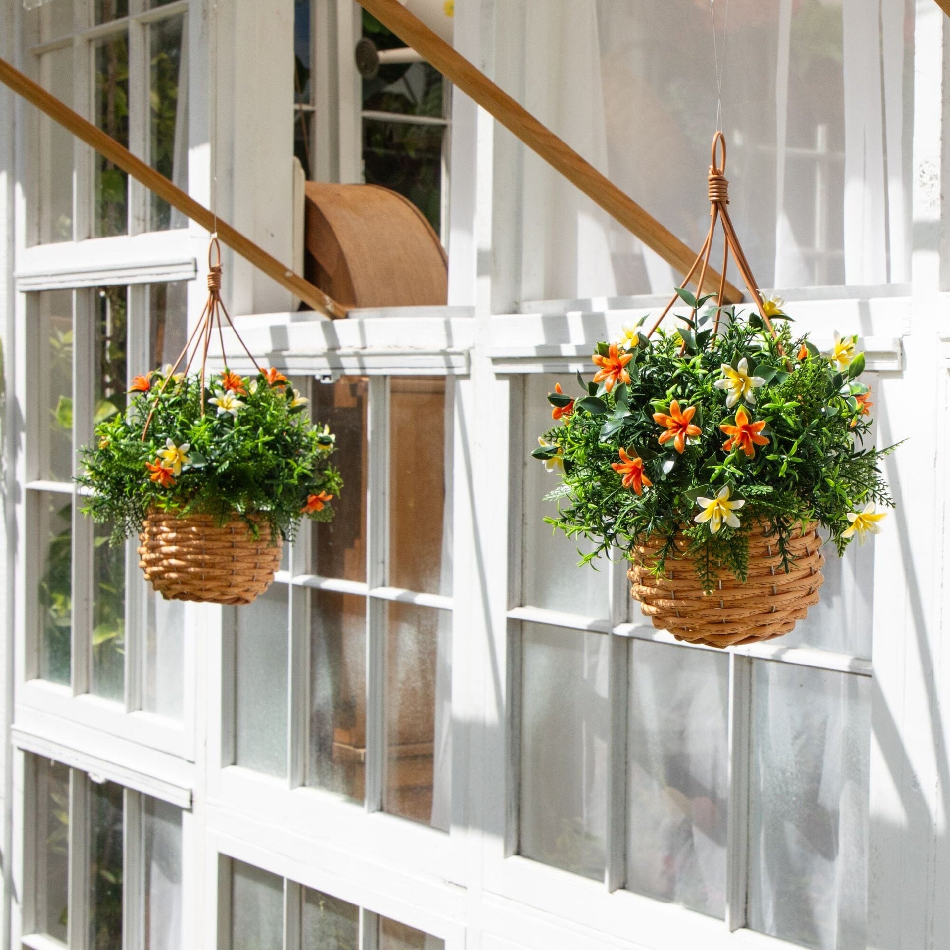 13” UV Resistant Artificial Lily and Mixed Greens in Woven Hanging Basket (Indoor/Outdoor) - Set of 2