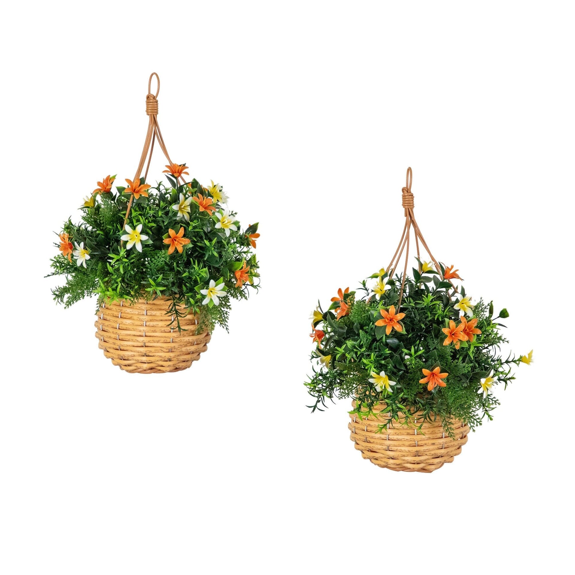 13” UV Resistant Artificial Lily and Mixed Greens in Woven Hanging Basket (Indoor/Outdoor) - Set of 2