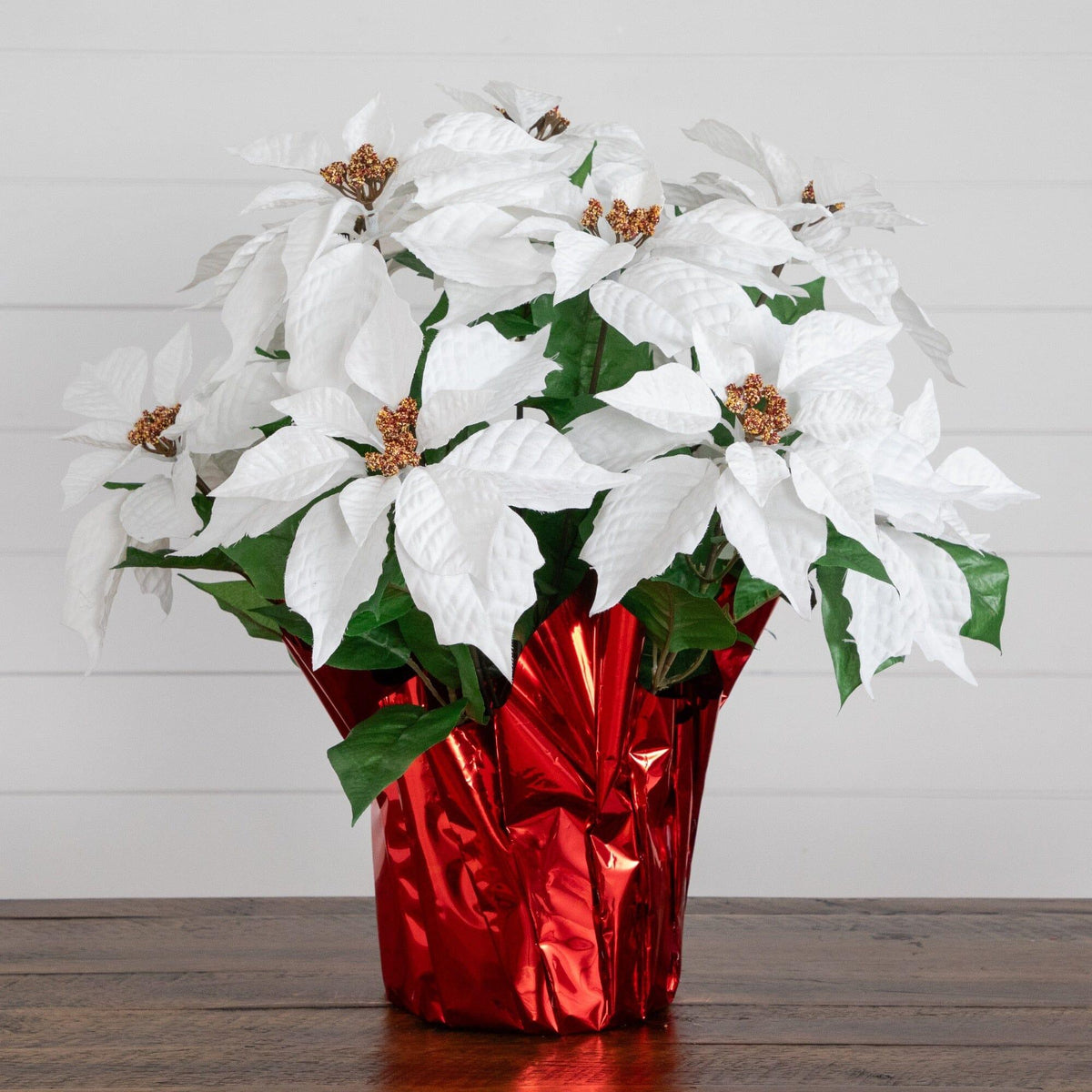 19” Artificial Lush White Poinsettia Arrangement in Red Wrapped Planter
