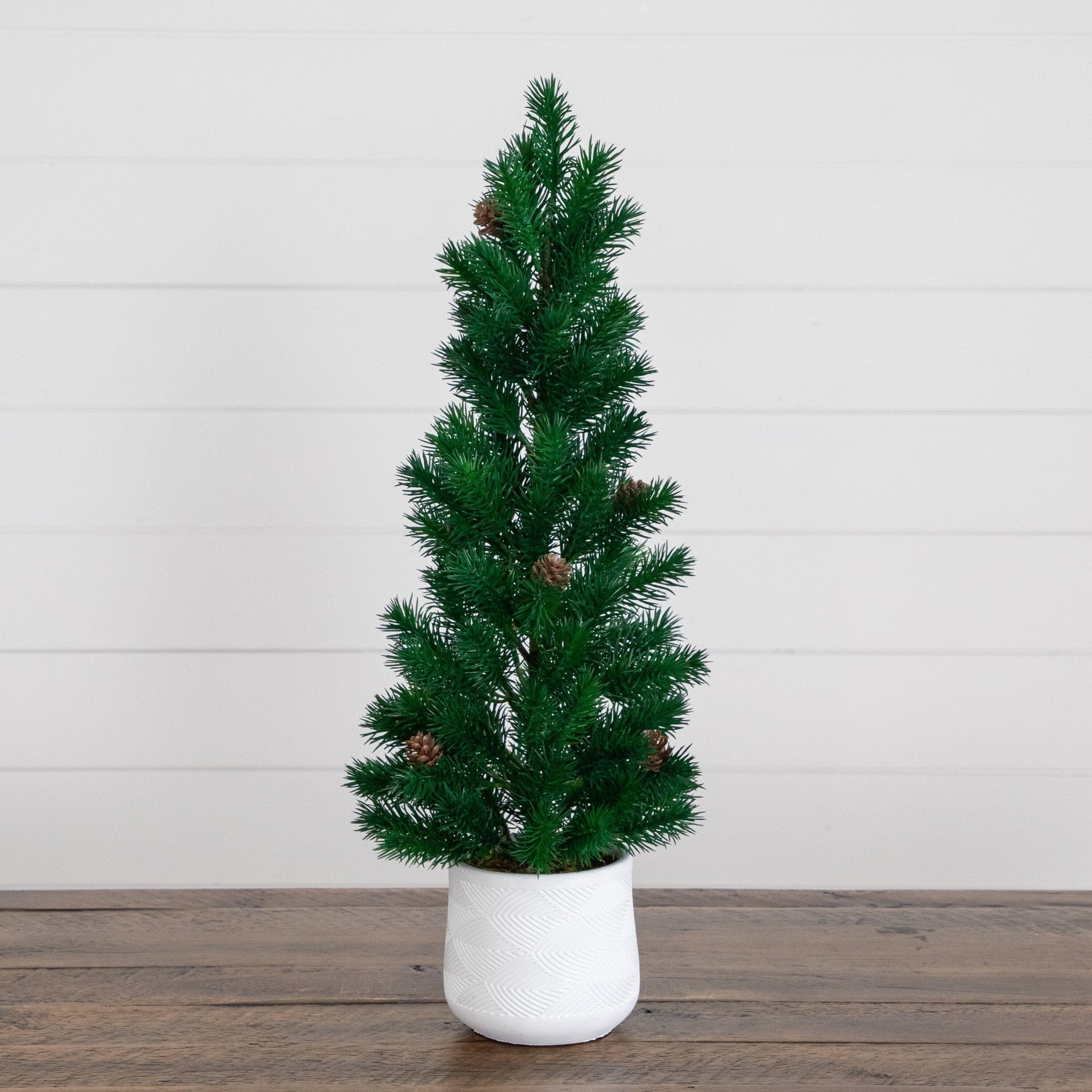 20” Artificial Christmas Tree with Pinecones in White Ceramic Planter
