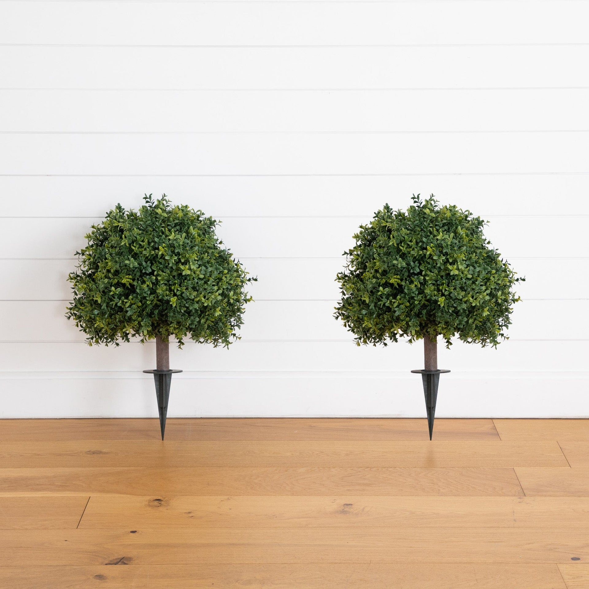 27” UV Resistant Artificial Boxwood Topiary with Integrated Ground Stake (Indoor/Outdoor) - Set of 2