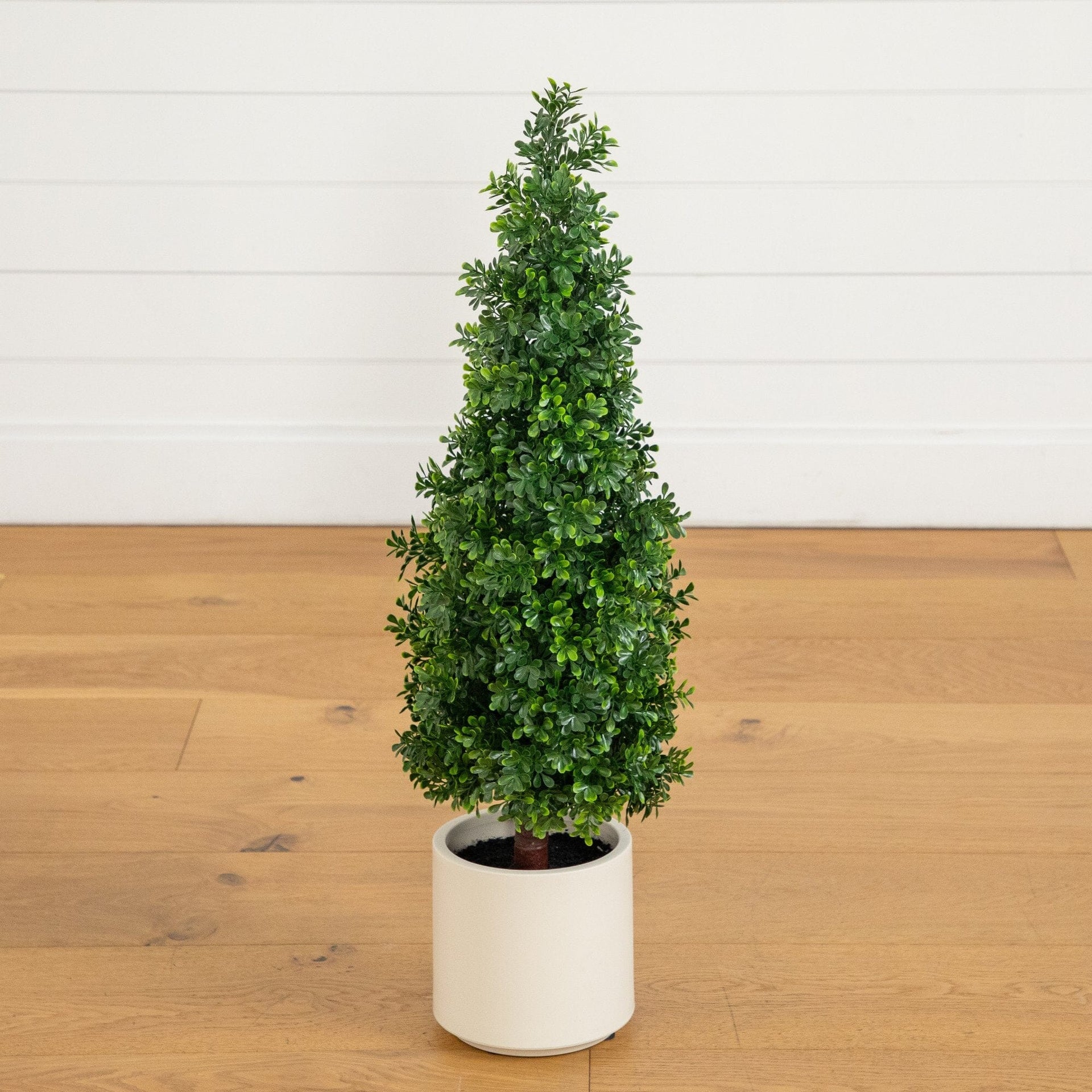 34” UV Resistant Artificial Boxwood Topiary Cone Tree in Decorative White Planter (Indoor/Outdoor)