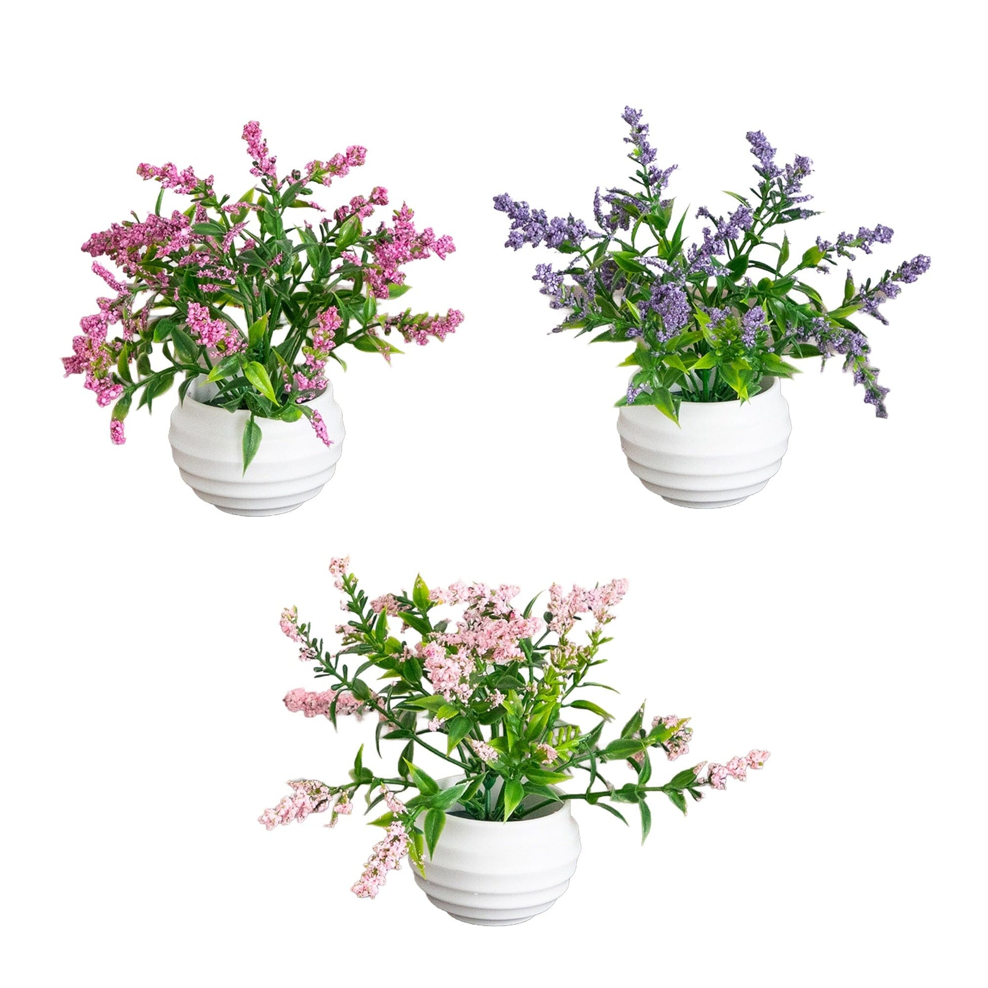 5” Artificial Mini Lavender Plant in White Decorative Oval Planter - Set of 3