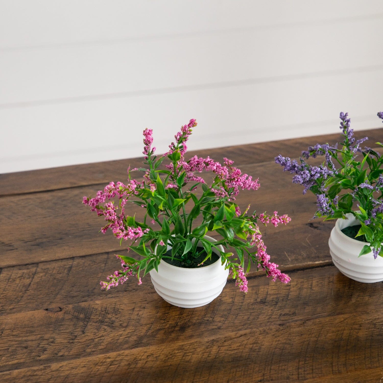 5” Artificial Mini Lavender Plant in White Decorative Oval Planter - Set of 3