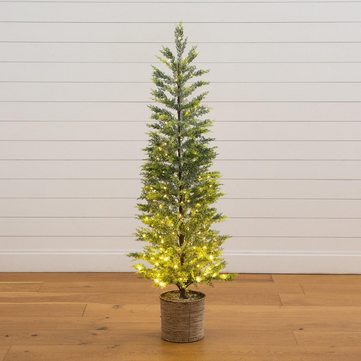 5’ Pre-Lit Artificial Snowed Cypress Christmas Tree with 140 LED Lights in Hyacinth Basket
