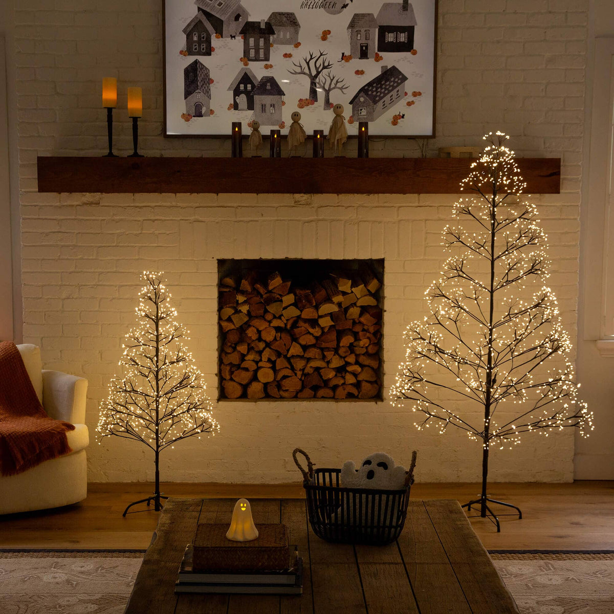 6' Pre-Lit Artificial Halloween Black Starburst Tree with 1680 Fairy Warm White LED Lights