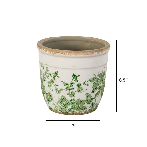 6.5” Floral Tuscan Ceramic Green Scroll Planter