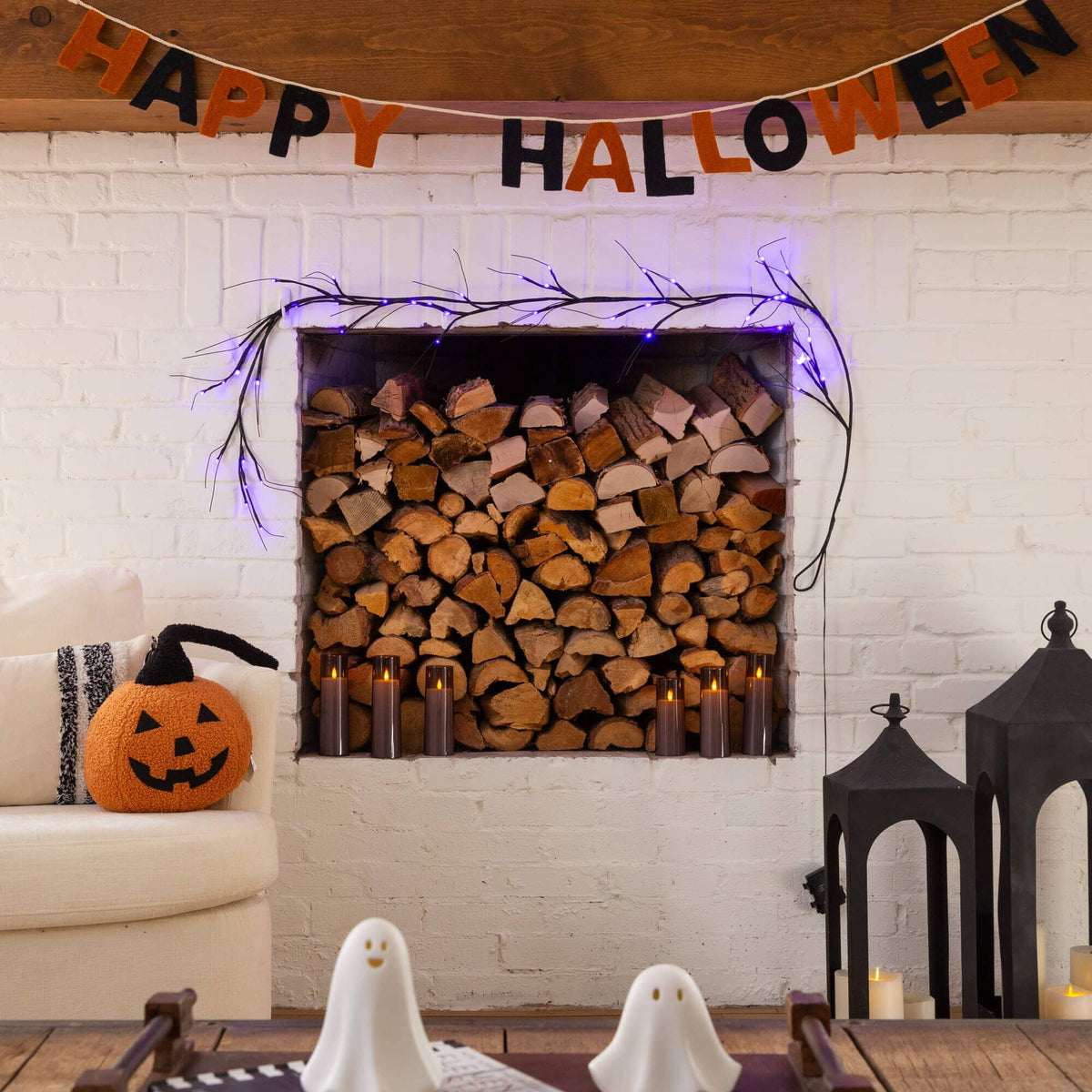 6.5' Pre-Lit Artificial Halloween Black Twig Garland with 48 Purple LED Lights