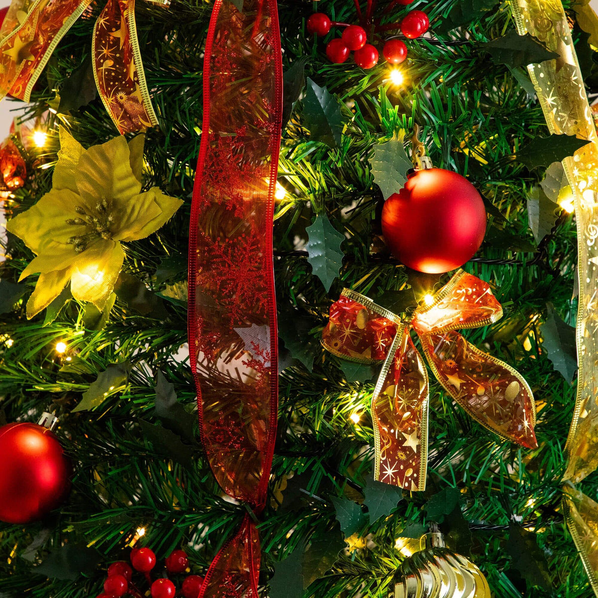 7' Pre-Lit Artificial Pop up Christmas Tree with Red & Gold Ornaments, Ribbons and 180 Warm White LED Lights