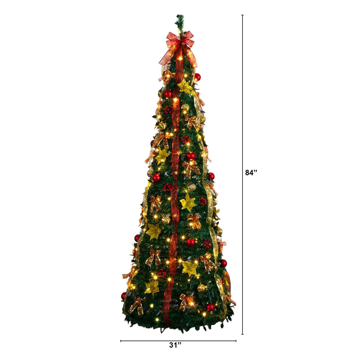 7' Pre-Lit Artificial Pop up Christmas Tree with Red & Gold Ornaments, Ribbons and 180 Warm White LED Lights