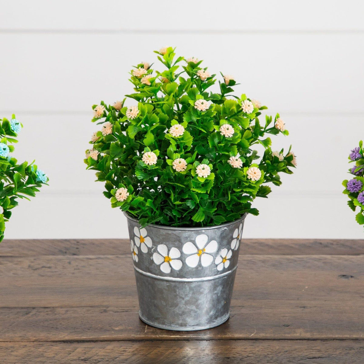 8” Artificial Flowering Plant in Decorative Daisy Tin Planter -Set of 3
