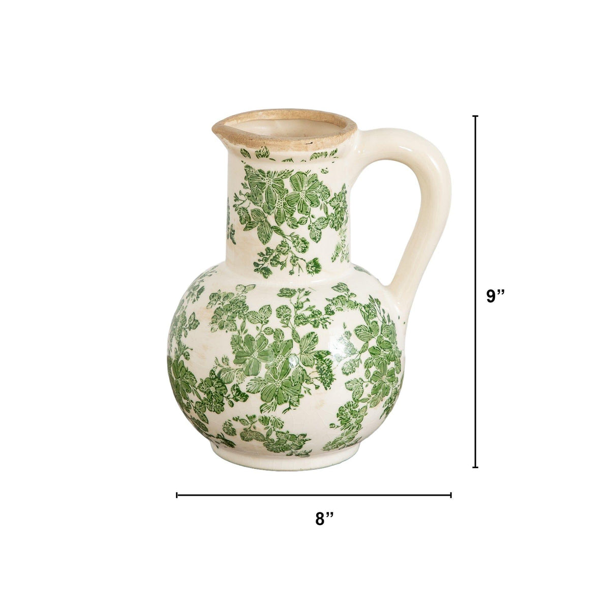 9”  Floral Tuscan Ceramic Green Scroll Jar