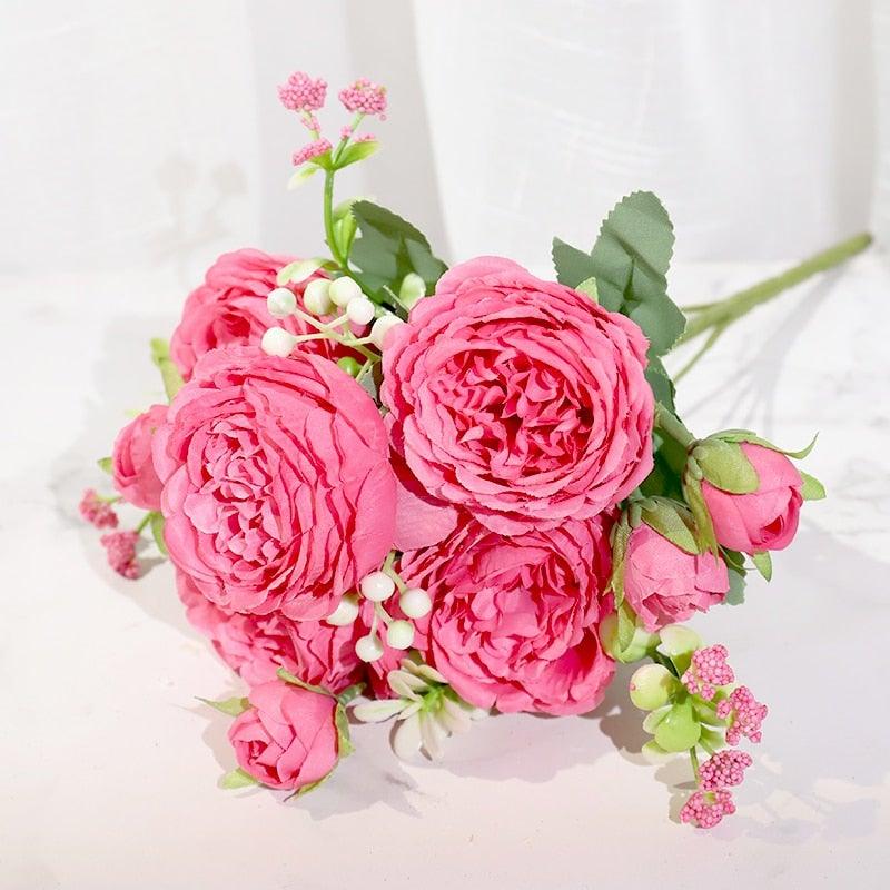 Artificial Rose Flowers Bouquet Pink And White Silk Peony Rose For Home Bridal Wedding Party Festival Decor