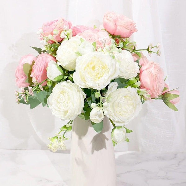 Artificial Rose Flowers Bouquet Pink And White Silk Peony Rose For Home Bridal Wedding Party Festival Decor
