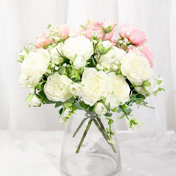 Artificial Rose Flowers Bouquet Pink And White Silk Peony Rose For Home Bridal Wedding Party Festival Decor