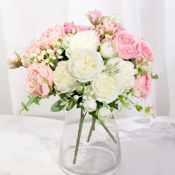 Artificial Rose Flowers Bouquet Pink And White Silk Peony Rose For Home Bridal Wedding Party Festival Decor