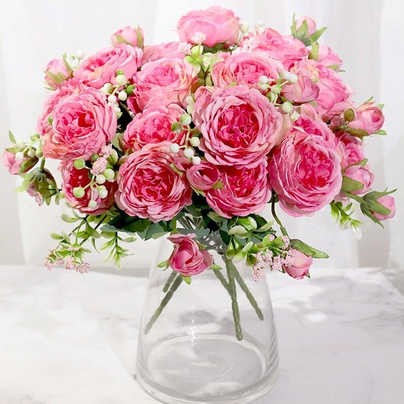Artificial Rose Flowers Bouquet Pink And White Silk Peony Rose For Home Bridal Wedding Party Festival Decor
