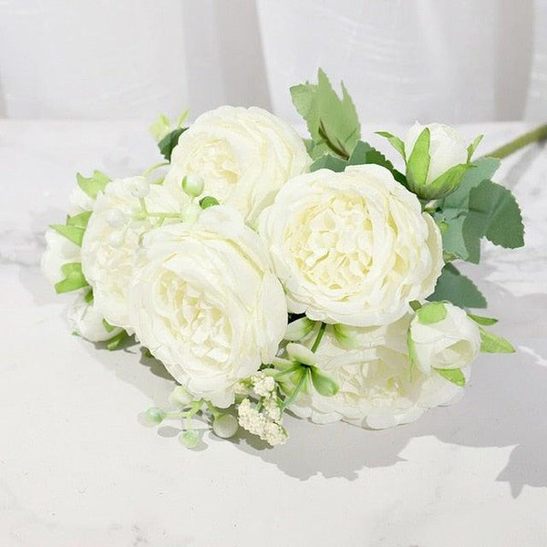 Artificial Rose Flowers Bouquet Pink And White Silk Peony Rose For Home Bridal Wedding Party Festival Decor