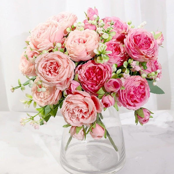 Artificial Rose Flowers Bouquet Pink And White Silk Peony Rose For Home Bridal Wedding Party Festival Decor