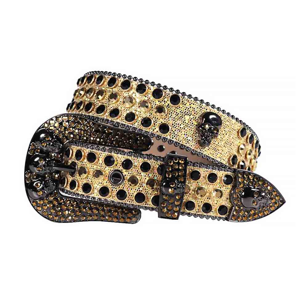 Gold Glitter Rhinestones Belt With Skull Buckle