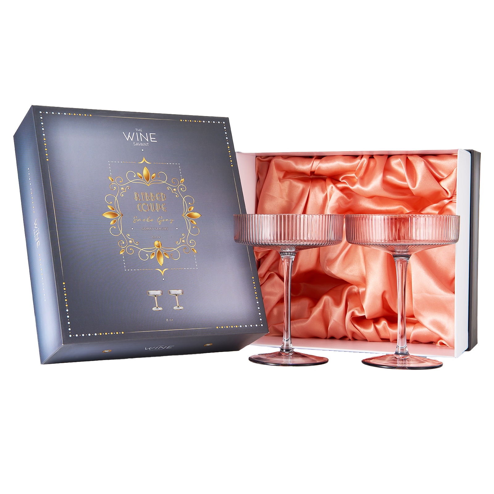 Ribbed Coupe Cocktail Glasses 8 oz | Set of 2 | Classic Manhattan Glasses For Cocktails, Champagne Coupe, Ripple Coupe Glasses, Art Deco Gatsby Vintage, Crystal with Stems (Smoke Grey)