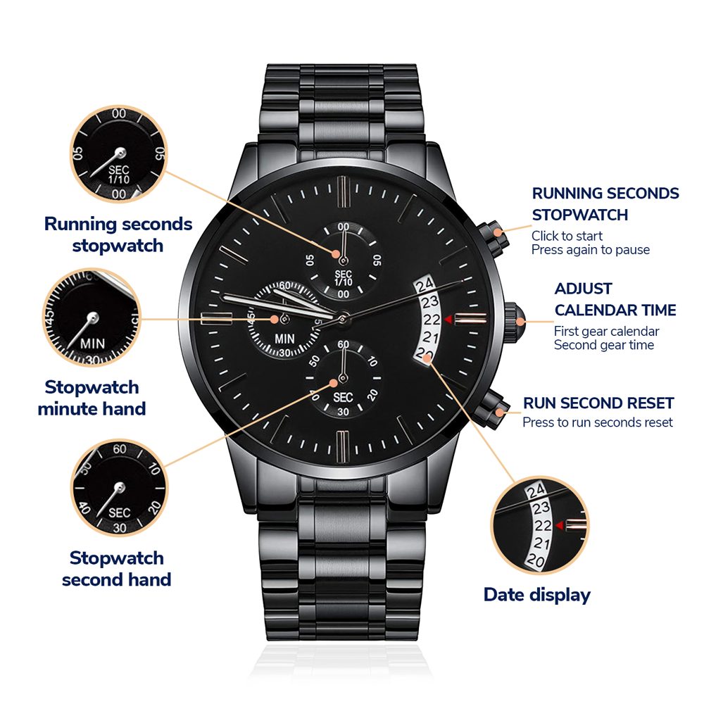 Customizable Personal Message- Elegant Black Chronograph Watch - Message On Back
