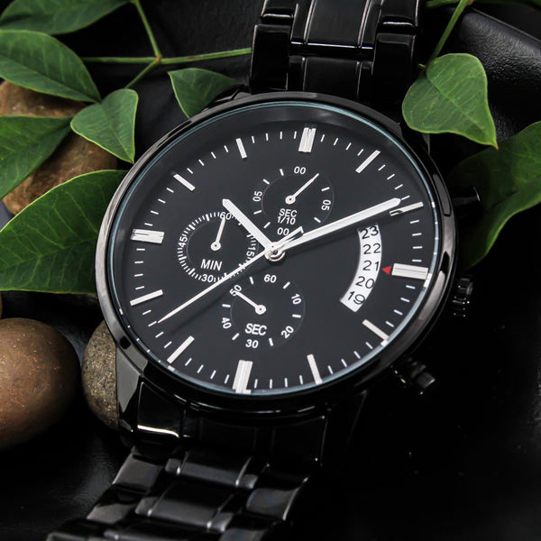 Customizable Personal Message- Elegant Black Chronograph Watch - Message On Back