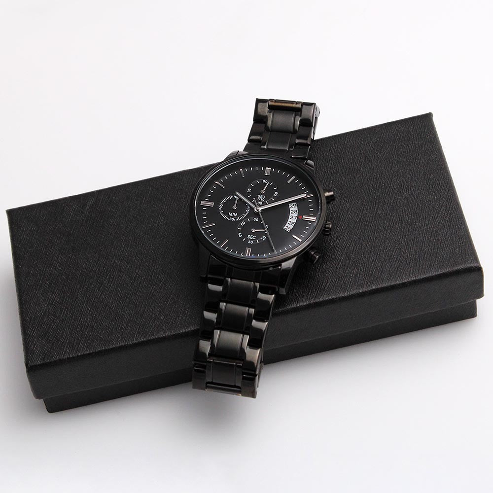 Customizable Personal Message- Elegant Black Chronograph Watch - Message On Back