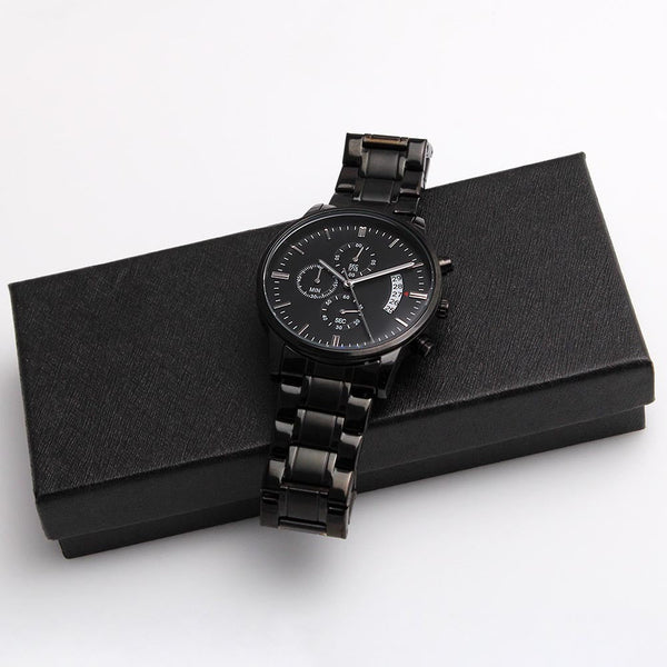 Customizable Personal Message- Elegant Black Chronograph Watch - Message On Back