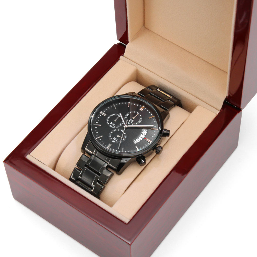Customizable Personal Message- Elegant Black Chronograph Watch - Message On Back