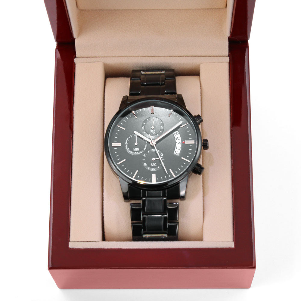 Customizable Personal Message- Elegant Black Chronograph Watch - Message On Back