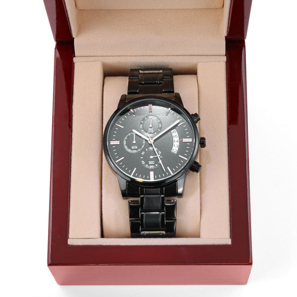 Customizable Personal Message- Elegant Black Chronograph Watch - Message On Back
