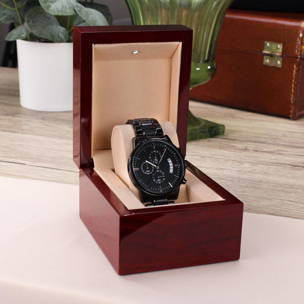 Customizable Personal Message- Elegant Black Chronograph Watch - Message On Back